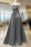 Cute Silver Grey A-Line Spaghetti Straps Tulle Satin Long Formal Prom Dress Gorgeous Birthday Dress Evening Dress