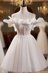 Cute Spaghetti Strap Tulle Lace Homecoming Dress, Off Shoulder Short Formal Prom Dress