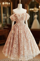 Cute Tulle Flower Short Formal Prom Dress, Beautiful Off The Shoulder A-Line Evening Party Dress