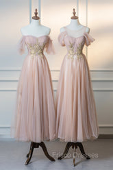 Cute Tulle Lace Tea Length Formal Prom Dress, Pink A-Line Evening Party Dress