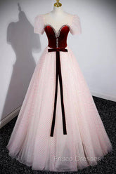 Cute Tulle Long Formal Prom Dress with Velvet, A-Line Short Sleeve Evening Dress