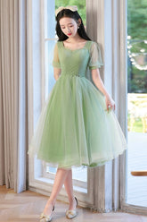 Cute Tulle Short Knee Length Prom Dress, Green A-Line Evening Party Dress