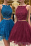 Cute two pieces lace tulle beads short Formal Prom Dresses, lace homecoming Dresses