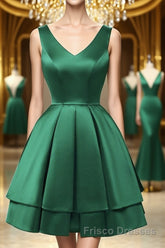 Cute V Neck and V Back Layered Green Short Formal Prom Dresses, Short Green Homecoming Dresses, Green Formal Evening Dresses