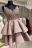 Cute V-Neck Lace Short Formal Prom Dress, A-Line Spaghetti Straps Homecoming Dress