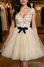 Cute V Neck Short Champagne Lace Formal Prom Dresses with Beading, Short Champagne Lace Formal Graduation Homecoming Dresses