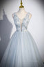 Cute V-Neck Tulle Long Formal Prom Dress, Gray Evening Dress Party Dress