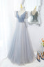 Cute V-Neck Tulle Long Formal Prom Dress with Beaded, A-Line Long Sleeve Evening Dress
