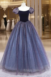 Cute Velvet Tulle Long Formal Prom Dress, A-Line Short Sleeve Graduation Dress