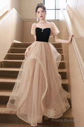 Cute Velvet Tulle Long Prom Dress, Beautiful Short Sleeve Evening Dress