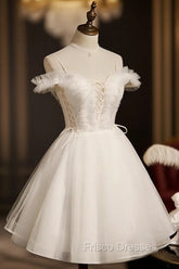 Cute White Tulle Short Party Dress with Lace, Off Shoulder Homecoming Dress