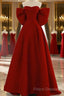 Cute Wine Red Satin Off Shoulder Long Party Dress With Bow, Wine Red Formal Prom Dress