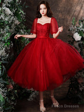 Cute Wine Red Tulle With Lace Tea Length Formal Dress, Wine Red Evening Dresses