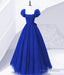 Cute Tulle Long Prom Dress with Bow, Royal Blue Short Sleeve Evening Party Dress