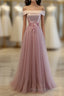 Pink A Line Off Shoulder Floor Length Formal Prom Dress, Lace Evening Dress