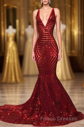 Red Sequins Shiny V-Neck Mermaid Long Formal Prom Dress