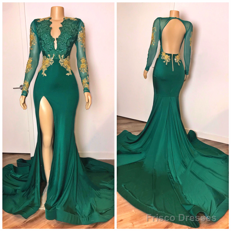 Sexy Long Sleeves Emerald Green Prom Dresses On Sale Open Back Side Sl