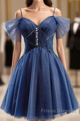 Dark Blue A-Line Short Formal Prom Dress, Dark Blue Homecoming Dress