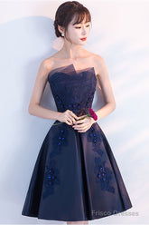 Dark Blue Lace Satin Short Prom Dress, Blue Cocktail Dress