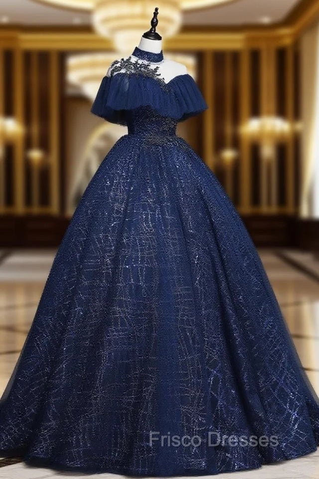 Dark Blue Long Formal Prom Dress, Blue Tulle Formal Gown Graduation Dr
