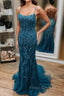 Dark Blue Mermaid Spaghetti Straps Appliques Formal Prom Dress