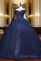 Dark Blue Off Shoulder Tulle Lace Long Formal Prom Gown, Blue Sweet 16 Dress With Beading Sequin