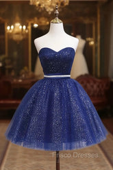 Dark Blue Sweetheart Neck Tulle Sequin Short Formal Prom Dress Blue Puffy Homecoming Dress