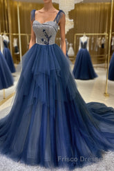 Dark blue tulle lace long Formal Prom Dresses, blue tulle formal Dresses