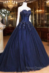 Dark Blue Tulle Lace Princess Dress, Beautiful A-Line Strapless Long Formal Prom Dress