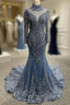 Dark Blue Tulle Mermaid Beading Formal Prom Dress