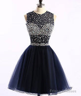 Dark Blue Tulle Short Prom Dress, Cute Homecoming Dress