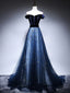 Dark Blue Tulle Velvet Long Prom Dress, Blue Evening Dress