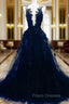 Dark Blue Tulle With Lace Long Evening Dress, A-line Dark Blue Formal Prom Dress