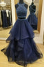 Dark Blue Two Pieces Beads Long Formal Prom Dress, Formal Dress