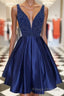 Dark blue v neck beads satin short Formal Prom Dresses, blue homecoming Dresses