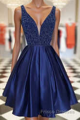 Dark blue v neck beads satin short Formal Prom Dresses, blue homecoming Dresses
