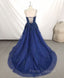 Dark Blue V Neck Tulle Lace Long Formal Prom Dress Blue Lace Bridesmaid Dress