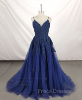 Dark Blue V Neck Tulle Lace Long Formal Prom Dress Blue Lace Bridesmaid Dress