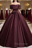 Dark Burgundy Satin Off the Shoulder Flower Formal Prom Dress