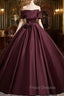 Dark Burgundy Satin Off the Shoulder Pleats Formal Prom Dress