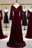 Dark Burgundy Velvet Long Sleeve V-neck Pleats Formal Prom Dress