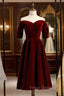 Dark Burgundy Velvet Off the Shoulder Short Sleeve Formal Prom Dress