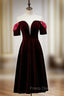 Dark Burgundy Velvet Short Sleeve Tea Length Formal Prom Dress