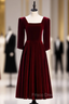 Dark Burgundy Velvet Square Half Sleeve Tea Length Formal Prom Dress