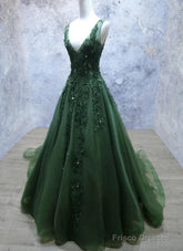 Dark Green A Line Backless Prom Dresses V Neck Appliqued Beaded Formal Dress