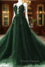 Dark Green A-Line Open Back Tulle Lace Floral Formal Dress, Green Long Formal Prom Dress