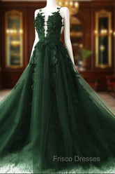 Dark Green A-Line Open Back Tulle Lace Floral Formal Dress, Green Long Formal Prom Dress