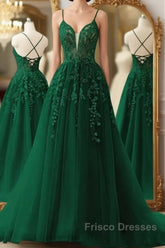 Dark Green A-Line Tulle Lace Long Formal Prom Dress V Neck Lace Formal Evening Dress