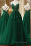 Dark Green A-line V-neckline Tulle and Lace Party Dress, Green Long Formal Prom Dress