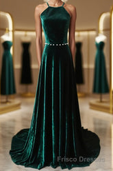 Dark Green Backless Long Formal Prom Dresses, Dark Green Long Formal Evening Bridesmaid Dresses